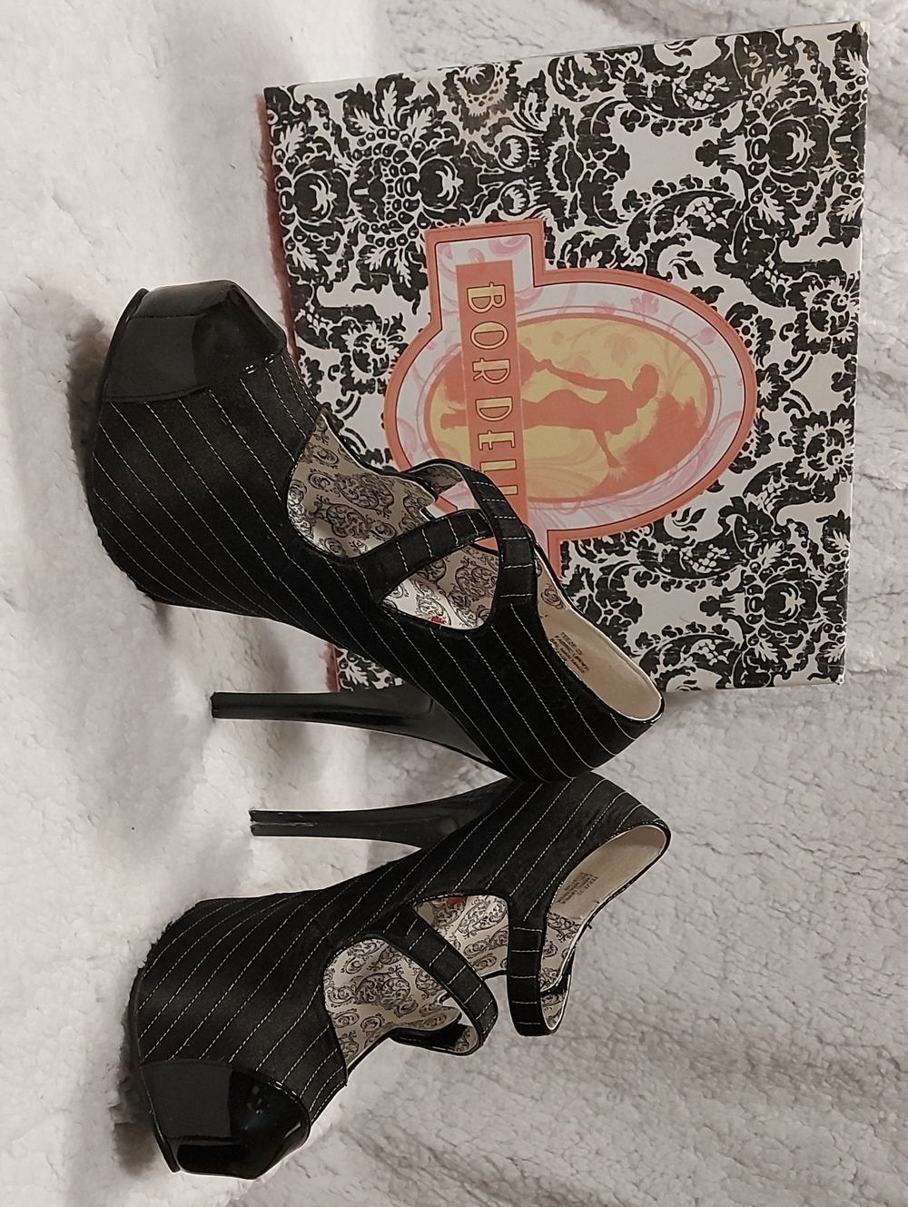 Bordello Black Pinstripe T-Strap Platform Stiletto Heels